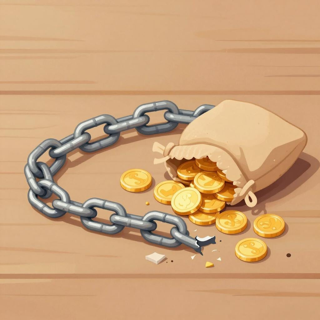 Uma corrente de ferro pesada com um elo quebrado deitada sobre uma mesa de madeira ao lado de uma pequena bolsa de moedas de ouro.