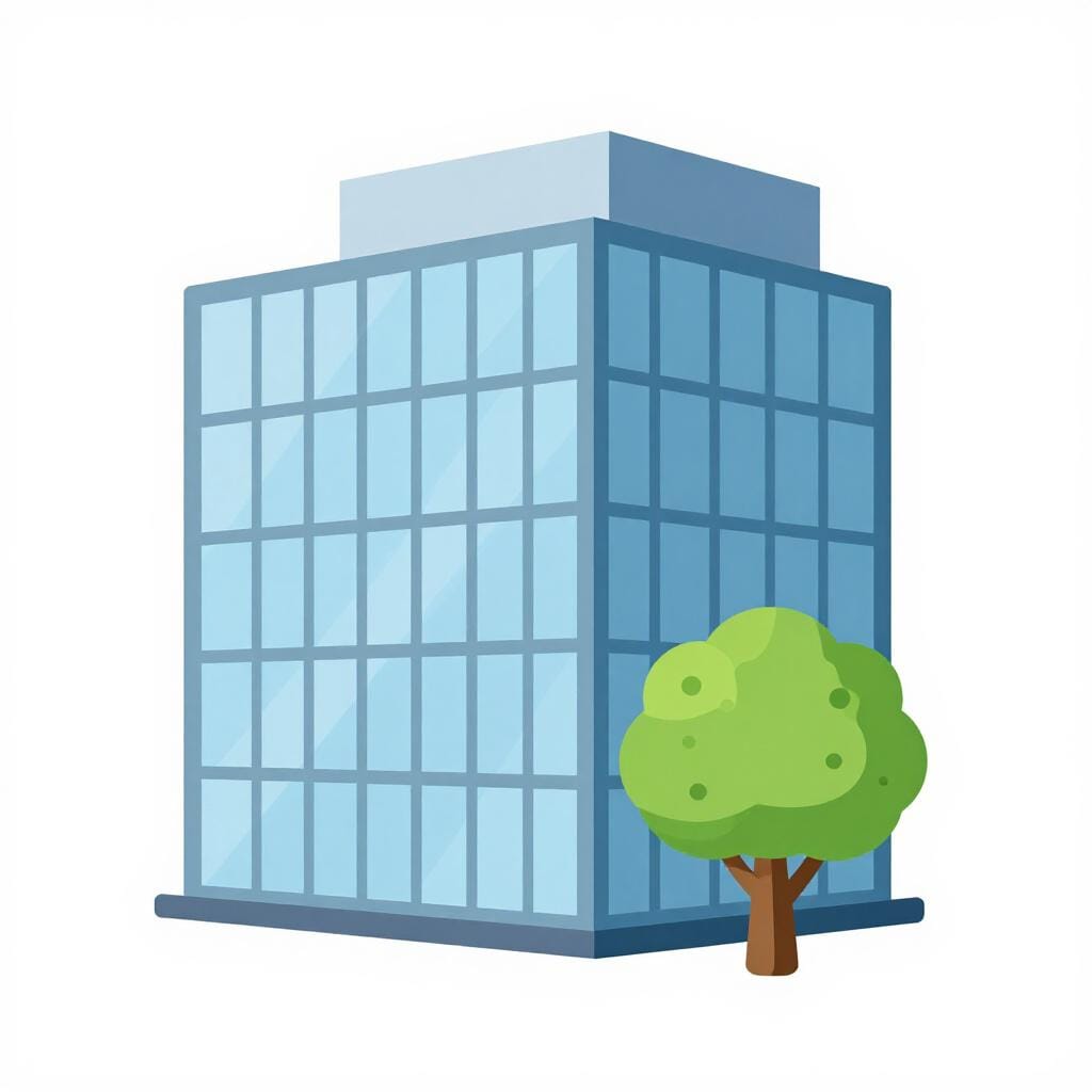 Um moderno edifício de escritórios em vidro com uma pequena árvore em frente, representando uma organização profissional.