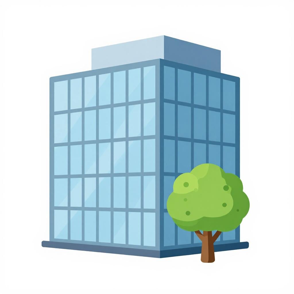 A modern glass office building with a small tree in front, representing a professional organization.
