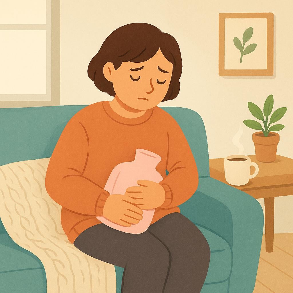 A simplistic depiction of a person curled up comfortably on a couch, holding a heating pad to their abdomen, symbolizing menstrual cramps.