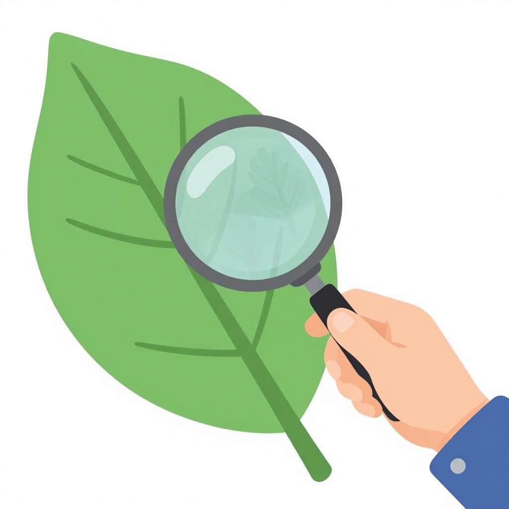 A person looking at a bright green leaf through a magnifying glass to see its veins.