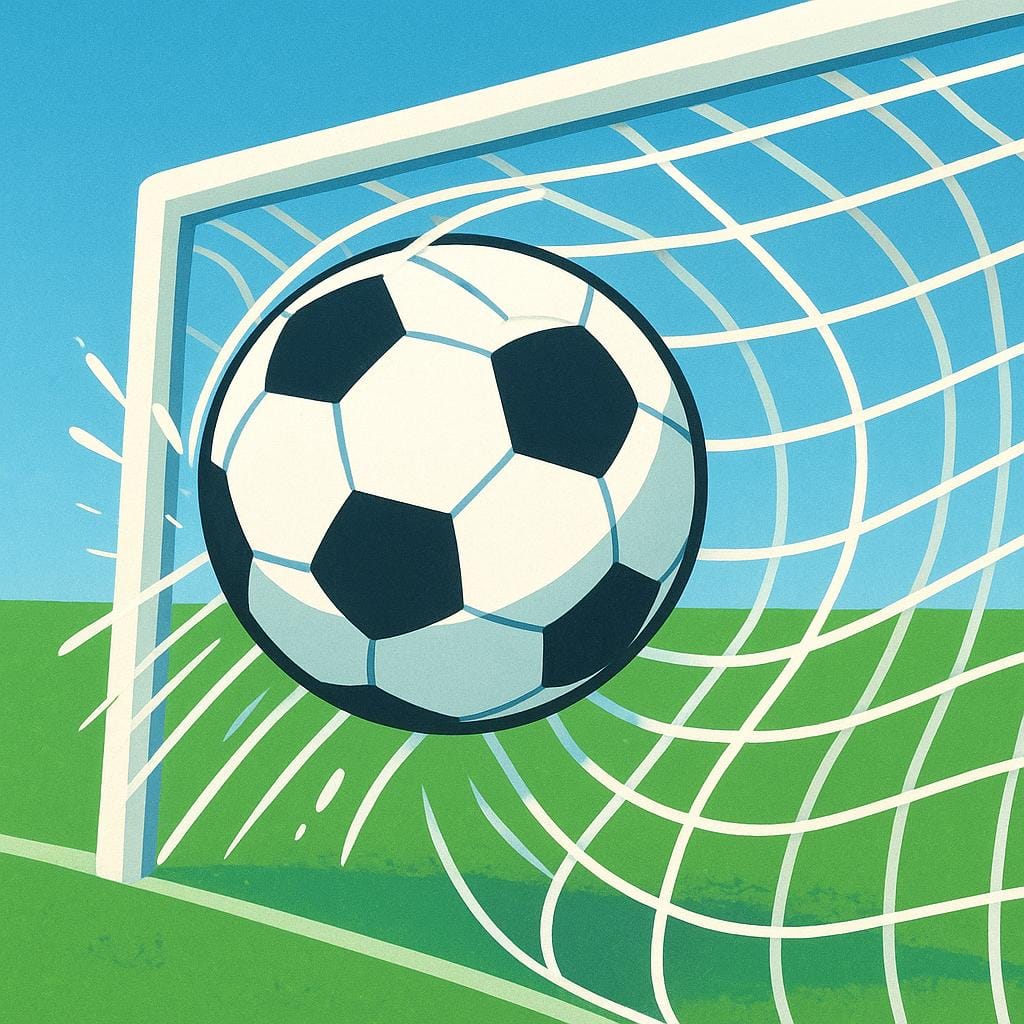 A white and black soccer ball is shown right after it has entered the back of a soccer net, indicating a goal was scored.