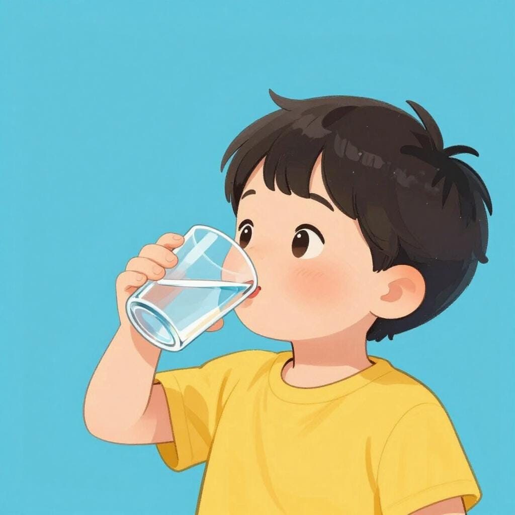 A child happily drinking a glass of water.