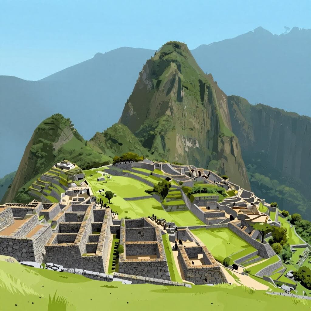 Un'illustrazione colorata delle iconiche rovine di Machu Picchu sullo sfondo di montagne verdi e lussureggianti.