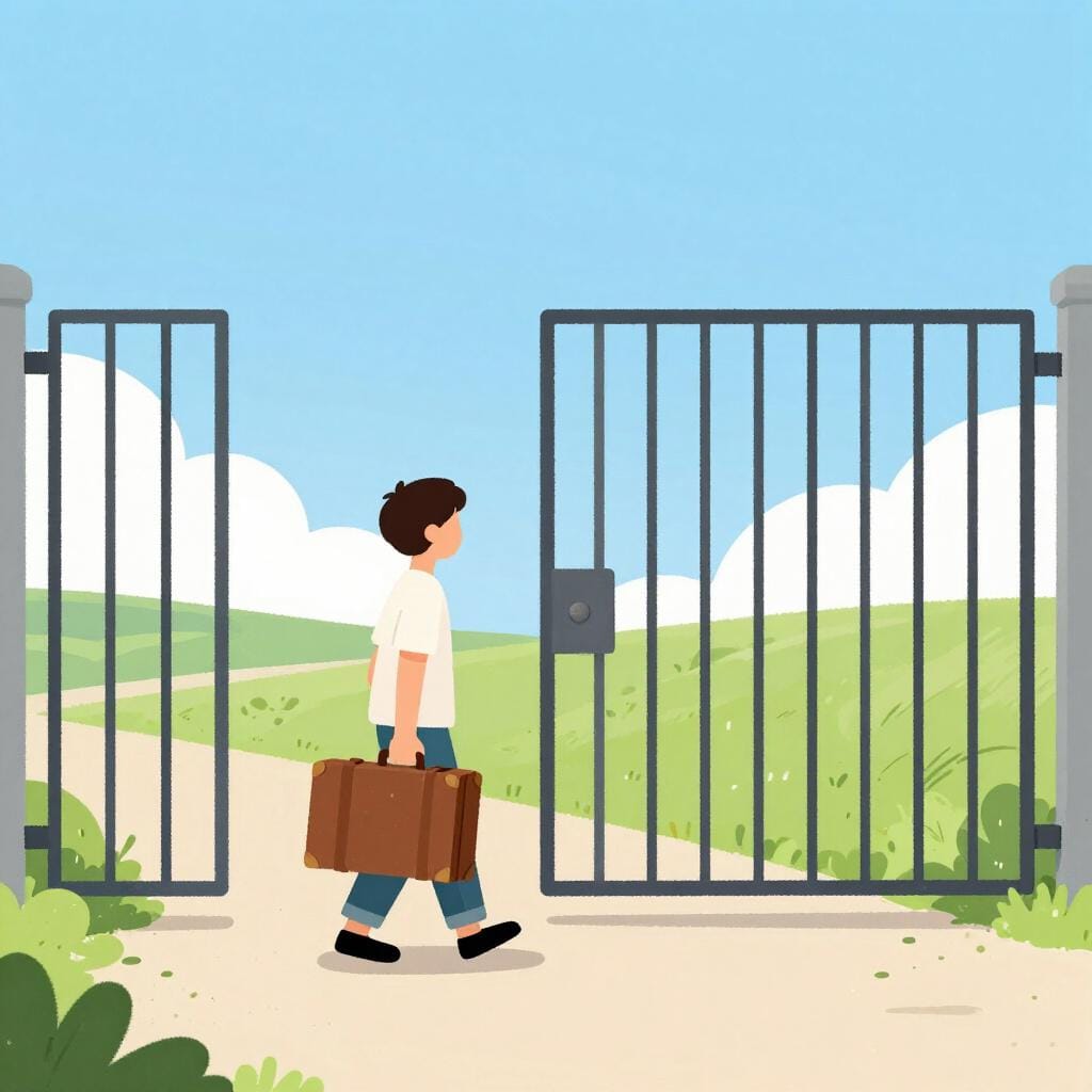 A sad person carrying a single suitcase walking away from a border gate toward a distant horizon.