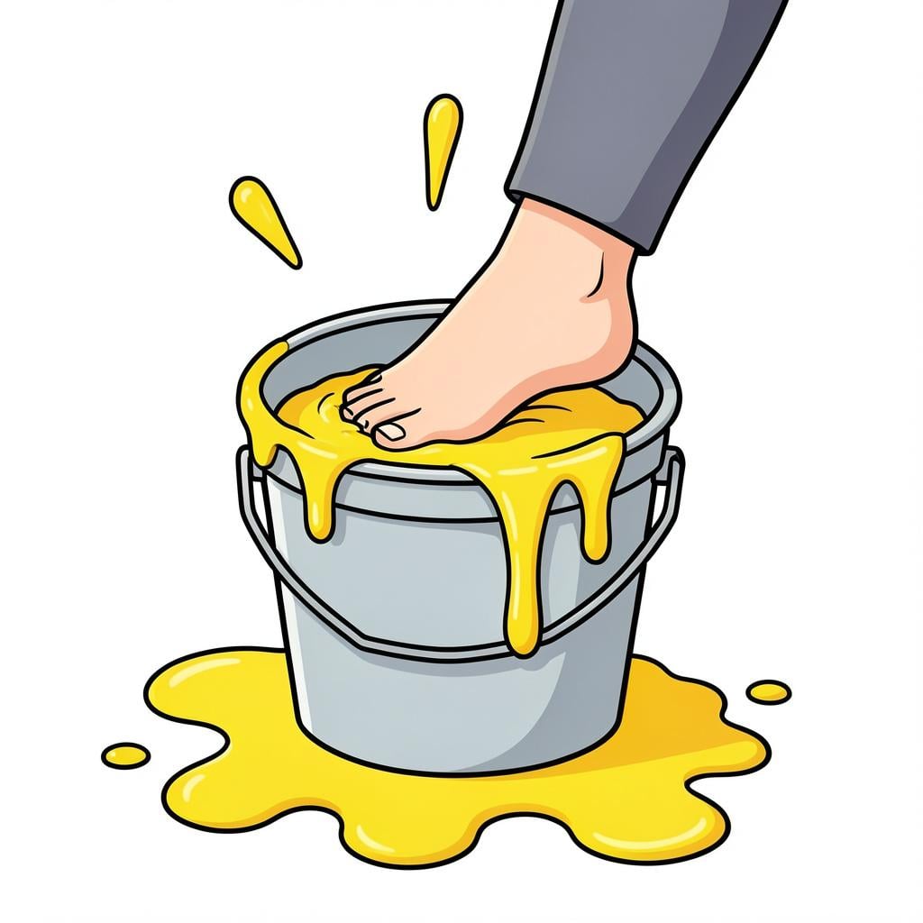 A person looking surprised as they accidentally step one foot into a bucket of bright yellow paint.