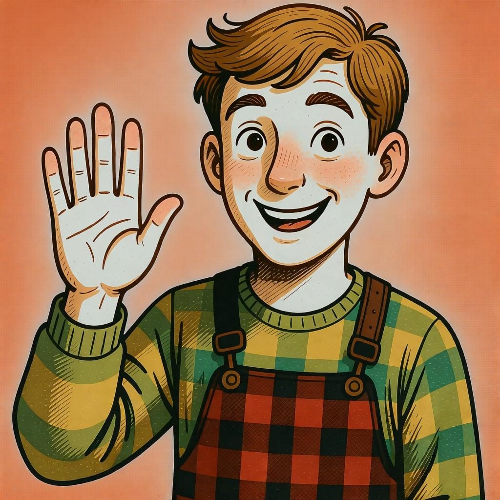 A friendly person holding up a hand in a gentle 'stop' or 'wait' gesture, illustrating the command '¡Espera!'.