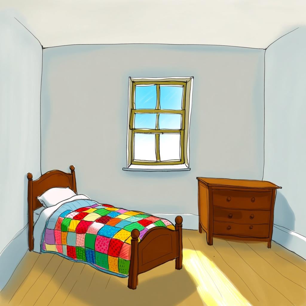 A cozy, brightly lit bedroom featuring a neatly made bed with a colorful quilt, a small bedside table, and a window overlooking green scenery.