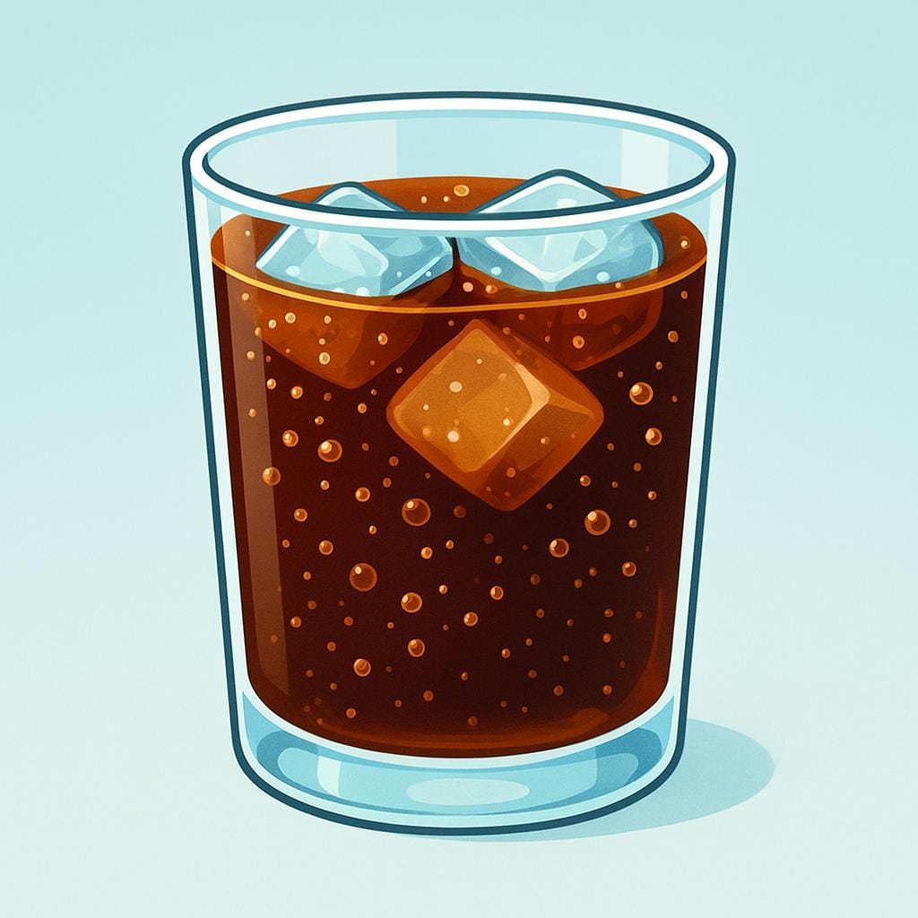 A clear glass containing a dark brown, fizzy soda drink with ice.