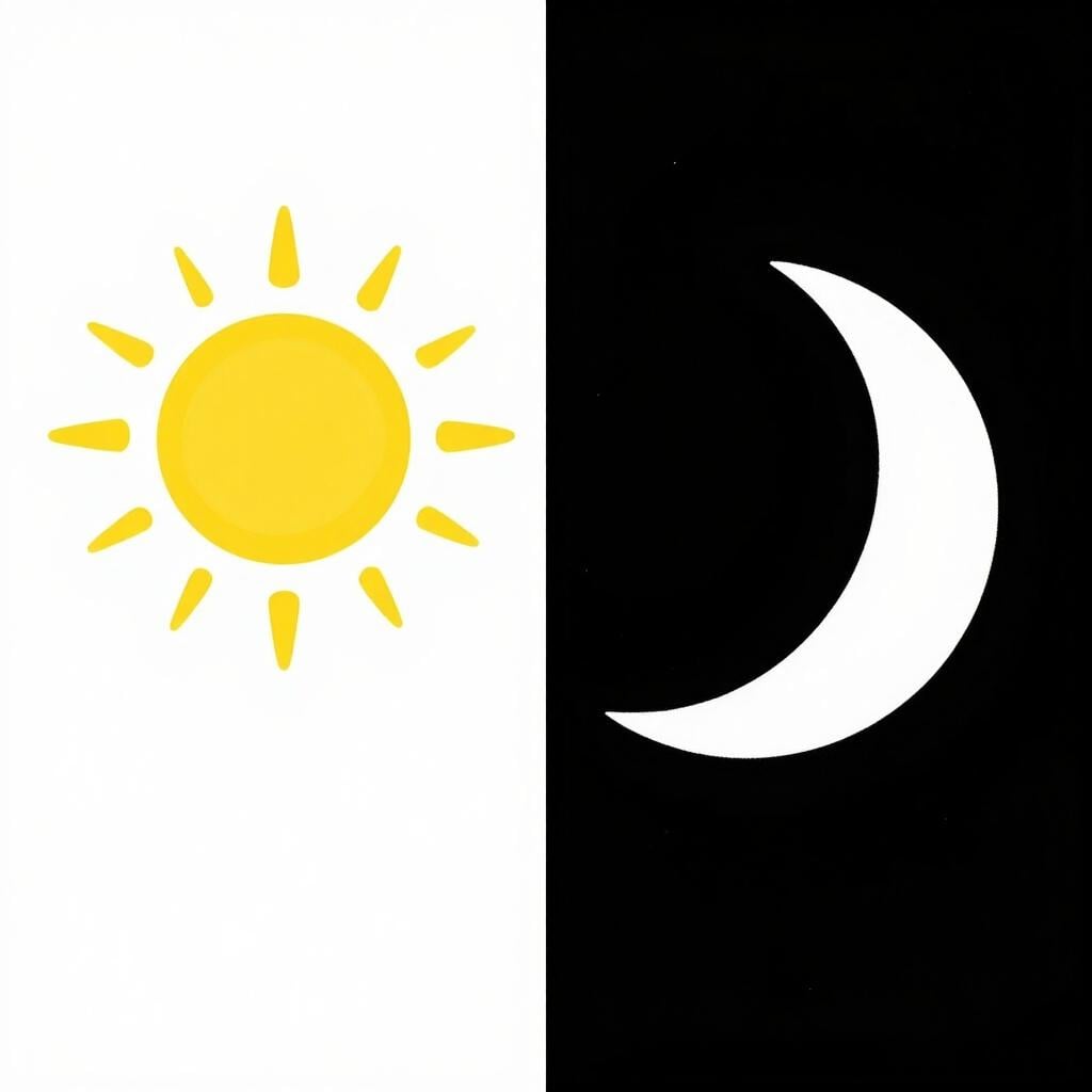 A split composition showing a bright white sun on one side and a dark black moon on the other side.