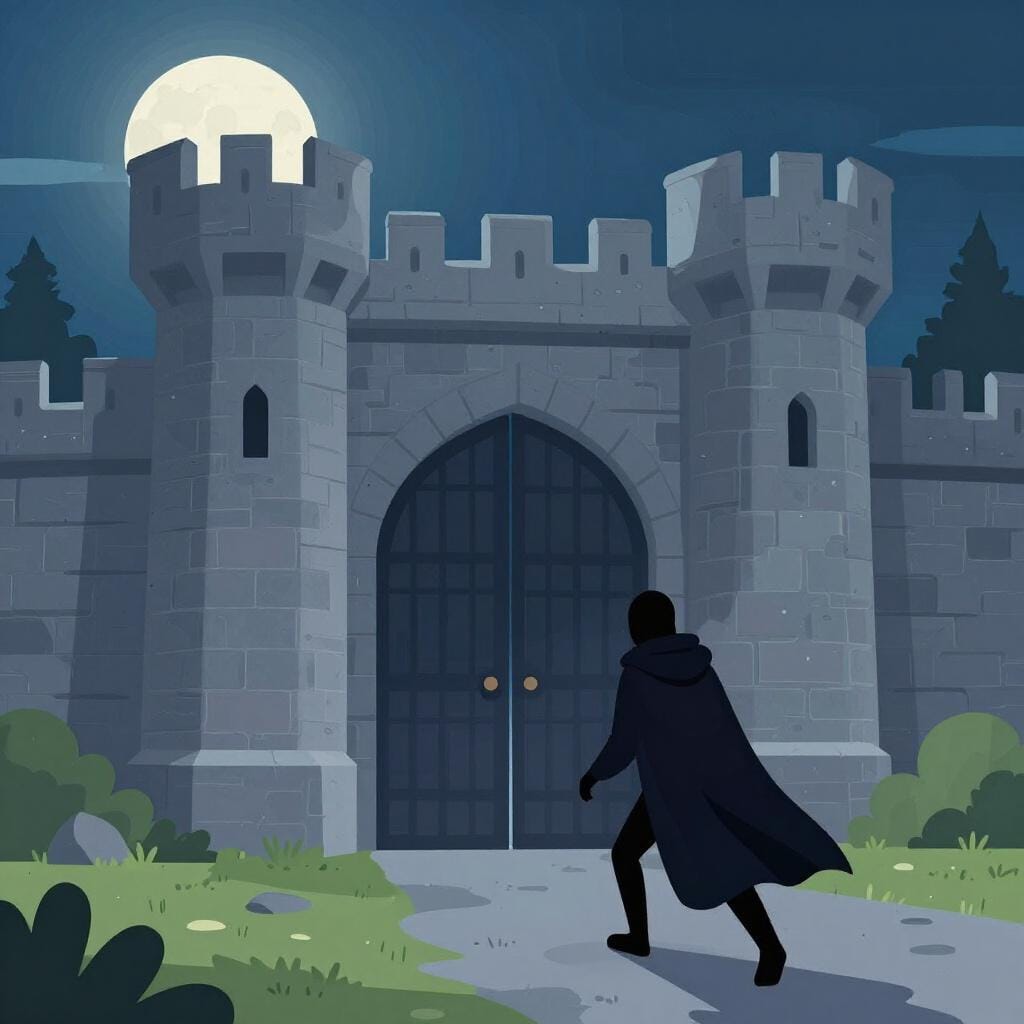 Uma figura sombria e escura esgueirando-se em direção a um portão de castelo de pedra guardado à noite.