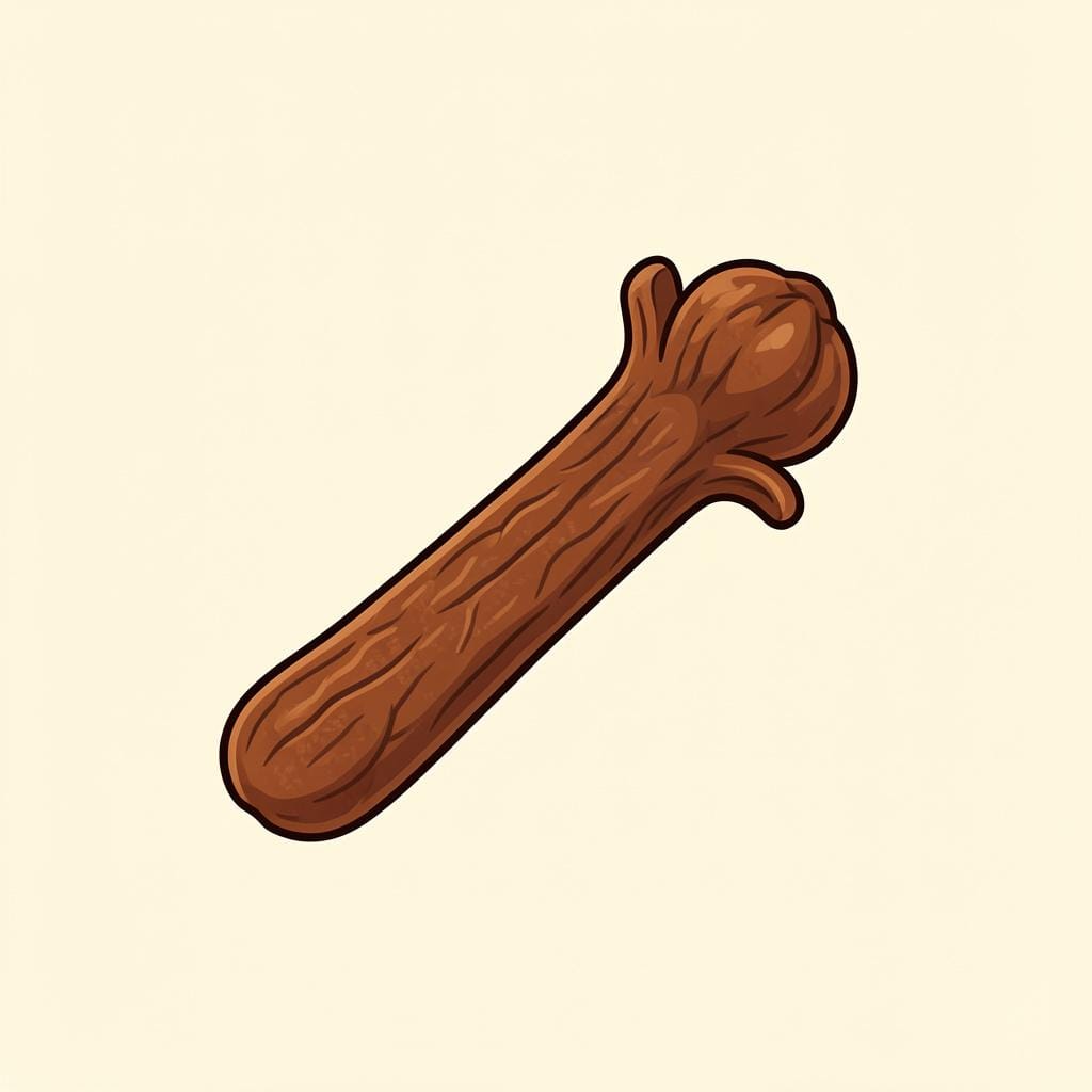 A dried whole clove spice showing its characteristic flower bud shape.