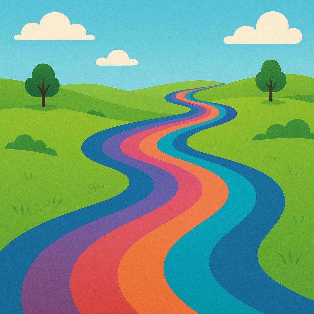 A colorful, winding path stretching continuously across a bright green field towards the horizon, illustrating the idea of carrying on.