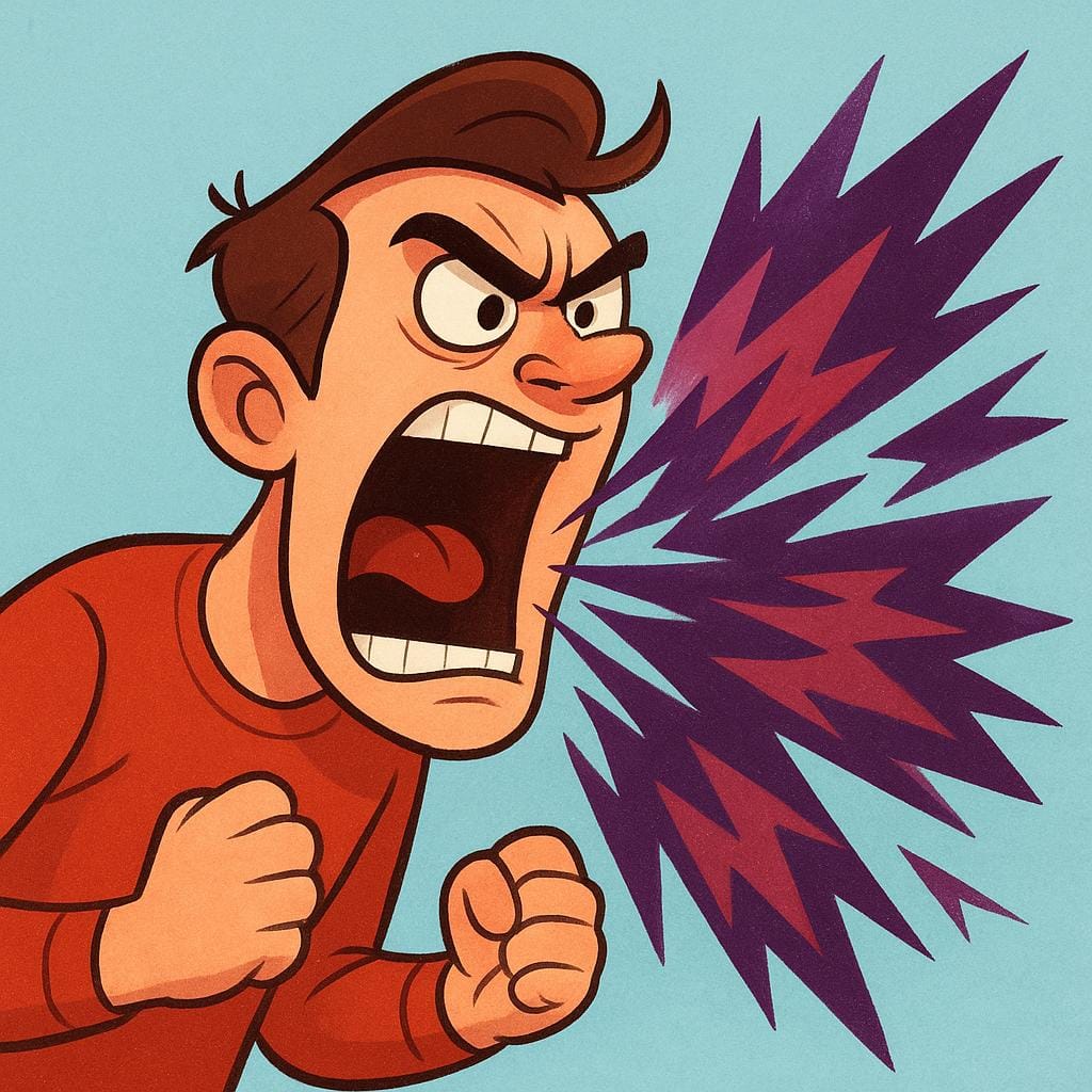 Een boze cartoonman die intens schreeuwt, met grillige, donkerpaarse en rode abstracte vormen die met kracht uit zijn mond barsten, wat het uitspuwen van beledigingen symboliseert.