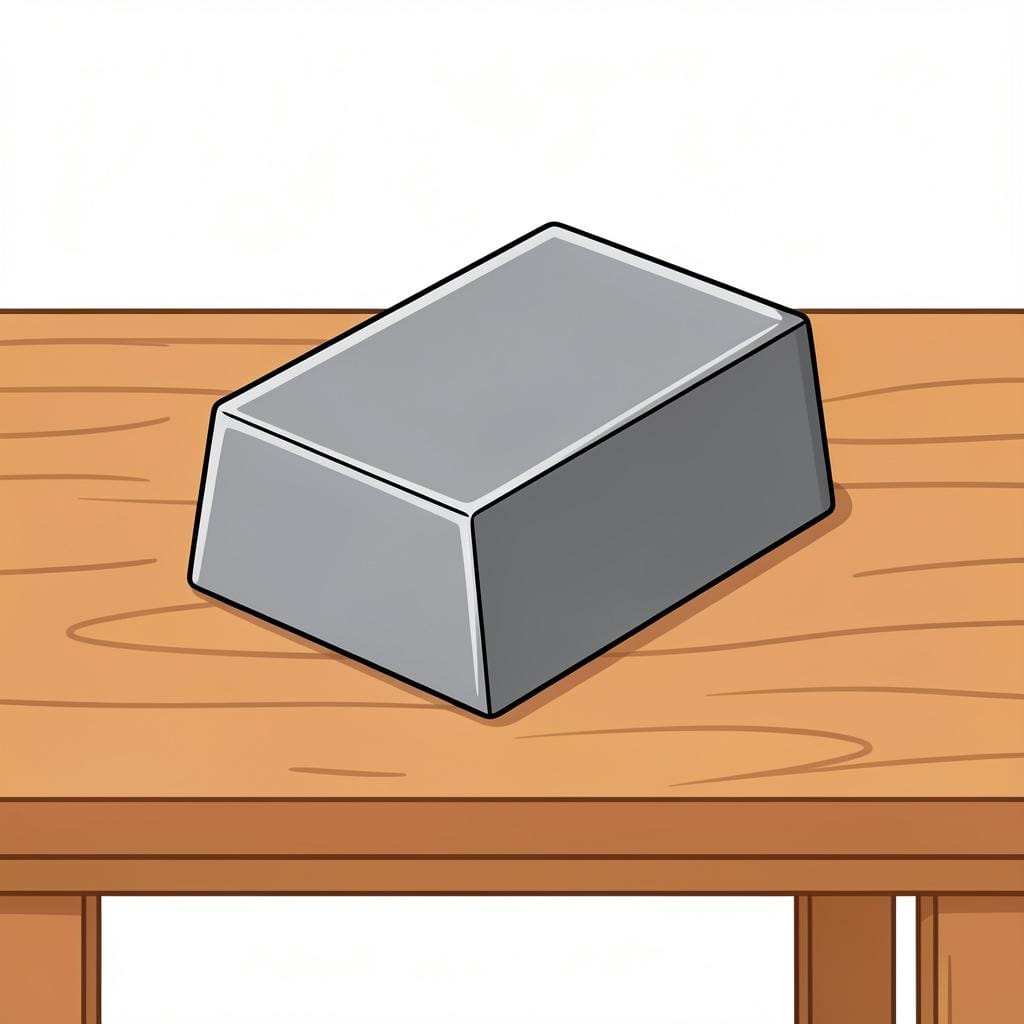 A heavy, solid grey metallic block resting on a wooden surface.