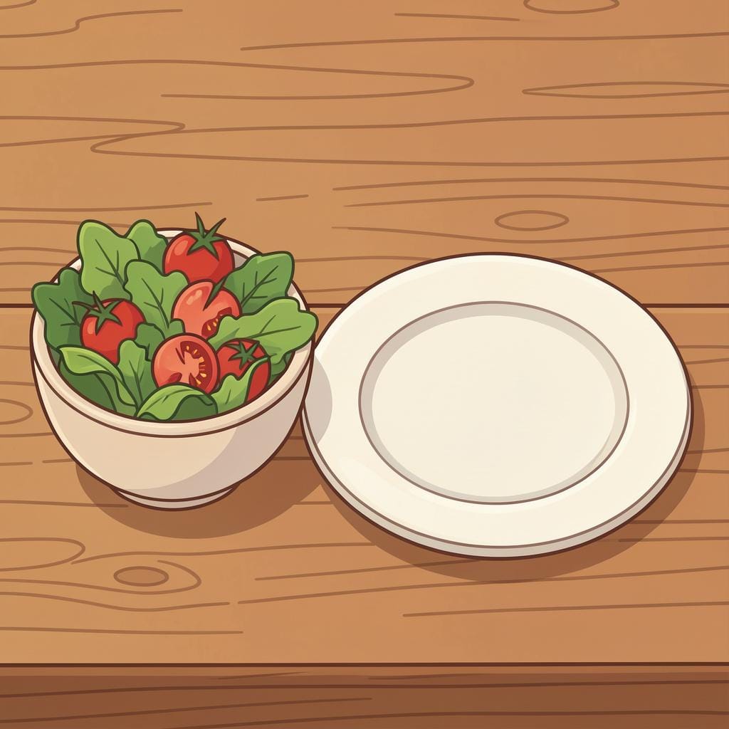 A small bowl of colorful salad next to a large plate of food.