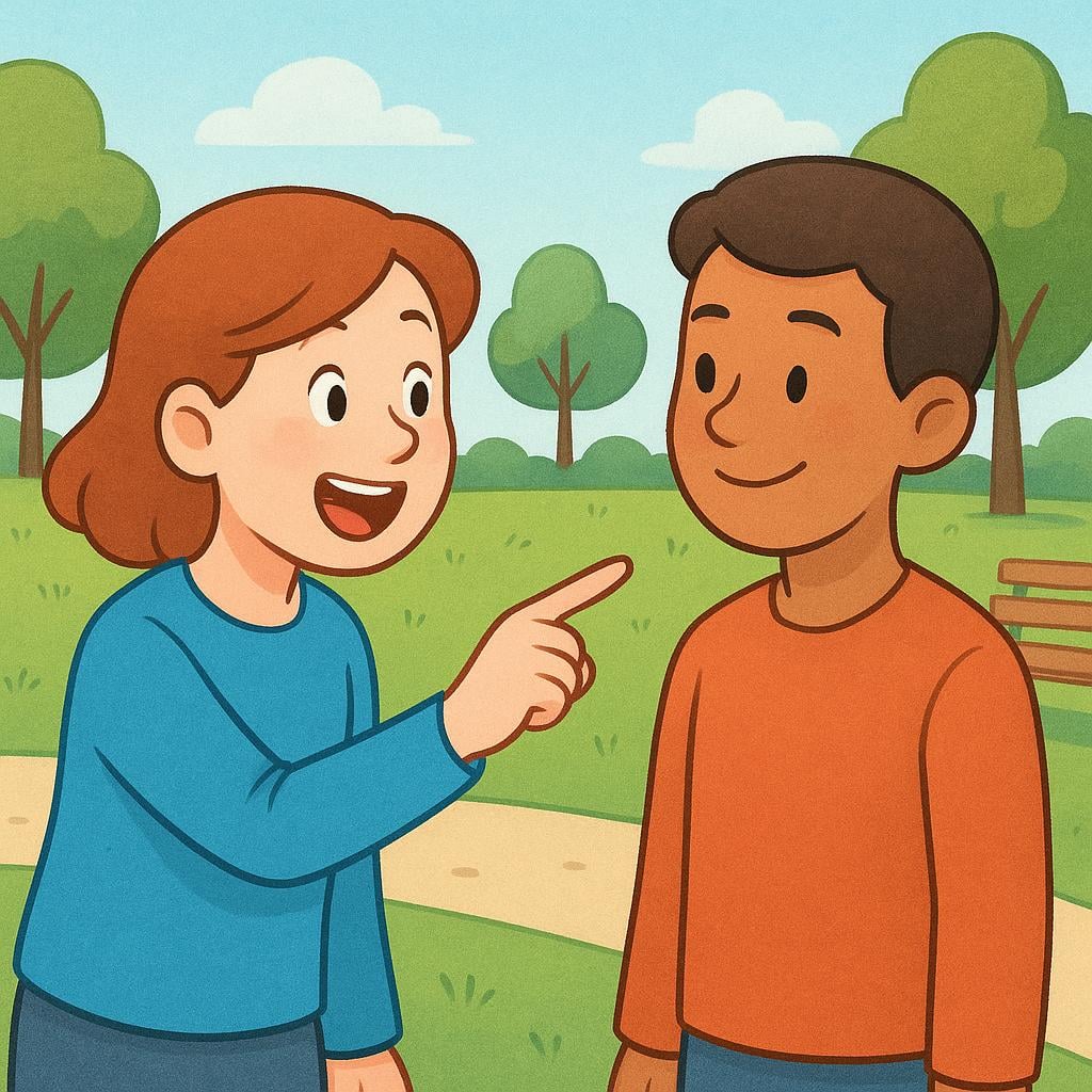 One person pointing excitedly at another person in a simple park setting, showing they have identified them.