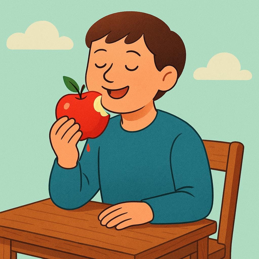 A happy child sitting at a table, taking a large bite out of a bright red apple.
