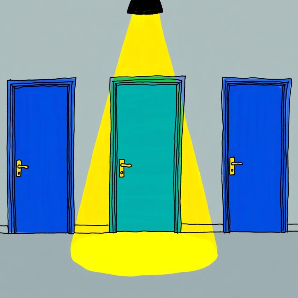 An illustration showing three identical blue doors. A bright yellow spotlight shines intensely on only the middle door, symbolizing the specific selection implied by the relative pronoun 'cual'.