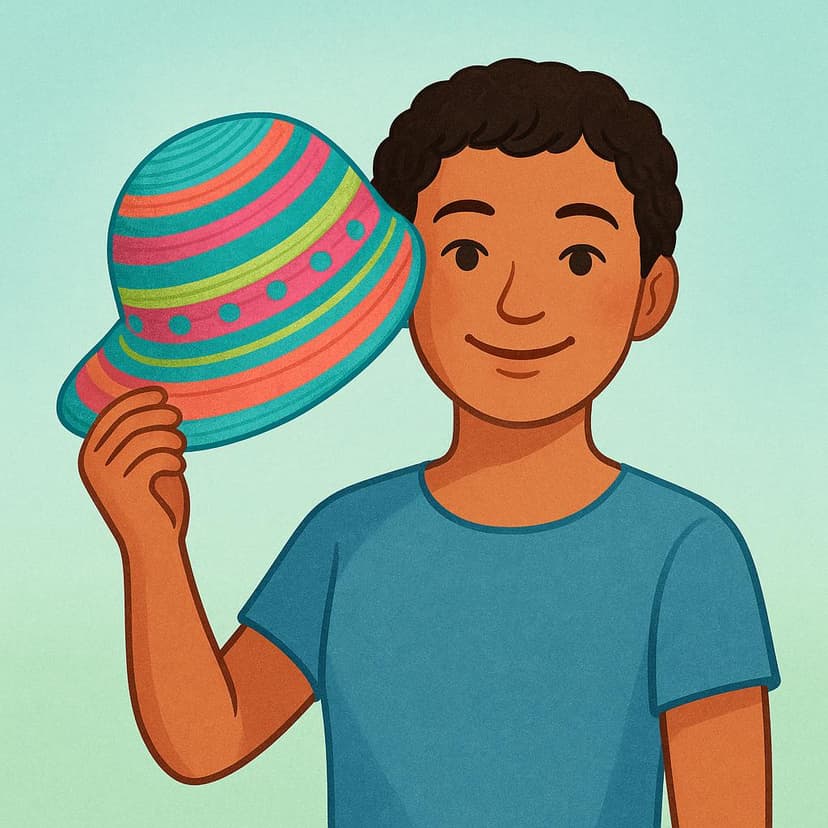 Una persona felice sorride mentre tiene un cappello colorato ed elegante accanto alla testa, giudicando quanto le stia bene.