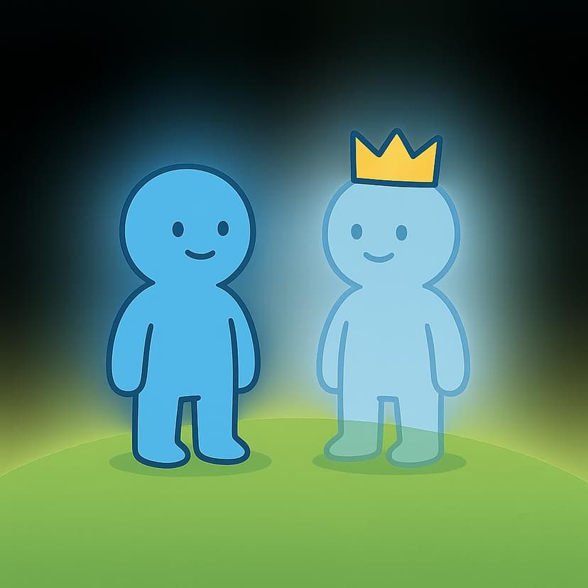 A simple blue figure standing on a green hill. Next to the figure, there is a slightly transparent, identical blue figure wearing a bright yellow crown, symbolizing a hypothetical identity.