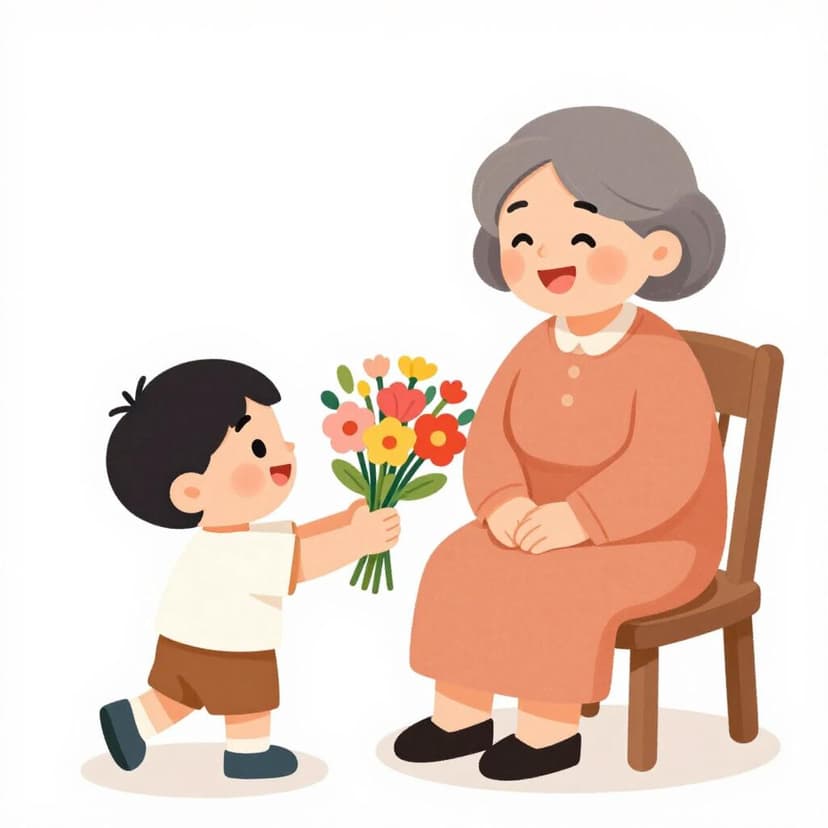 A young child handing a bright bouquet of flowers to a smiling grandmother.