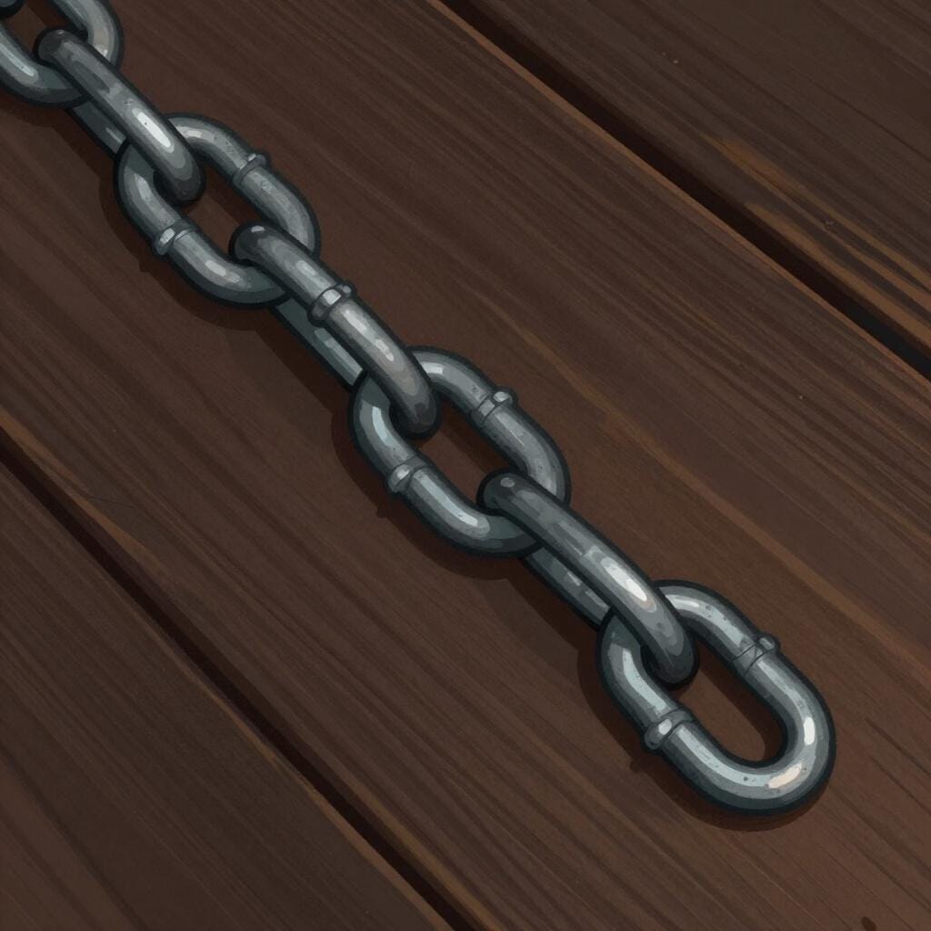 A heavy metal chain resting on a dark, weathered wooden floor.
