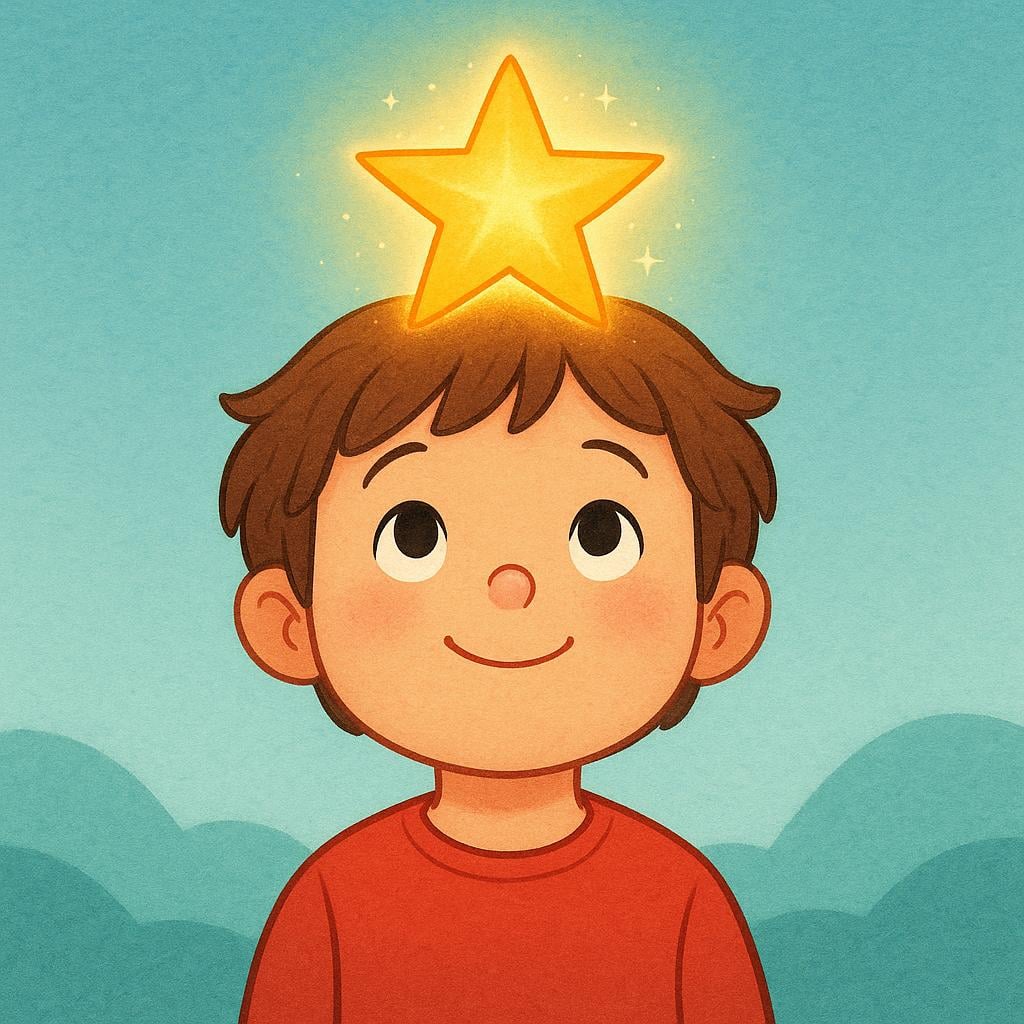A child character looking happy as a glowing golden star, representing a piece of knowledge, settles into their mind.