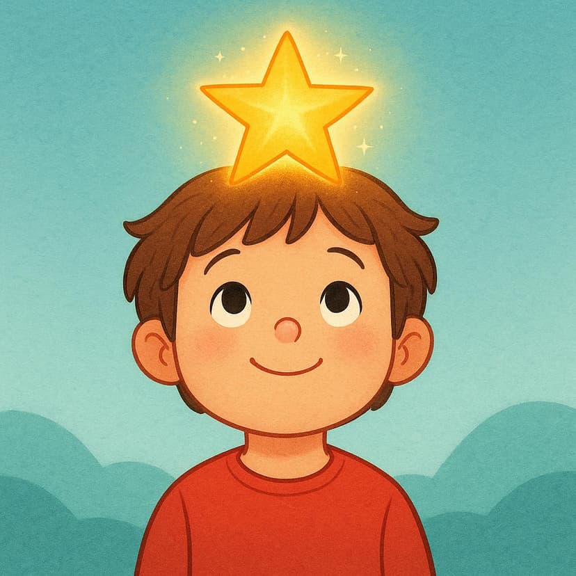 A child character looking happy as a glowing golden star, representing a piece of knowledge, settles into their mind.