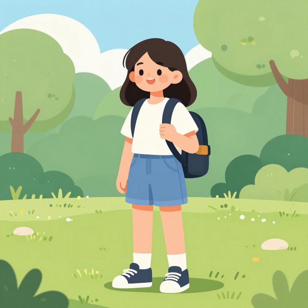 A happy young woman standing with a backpack.