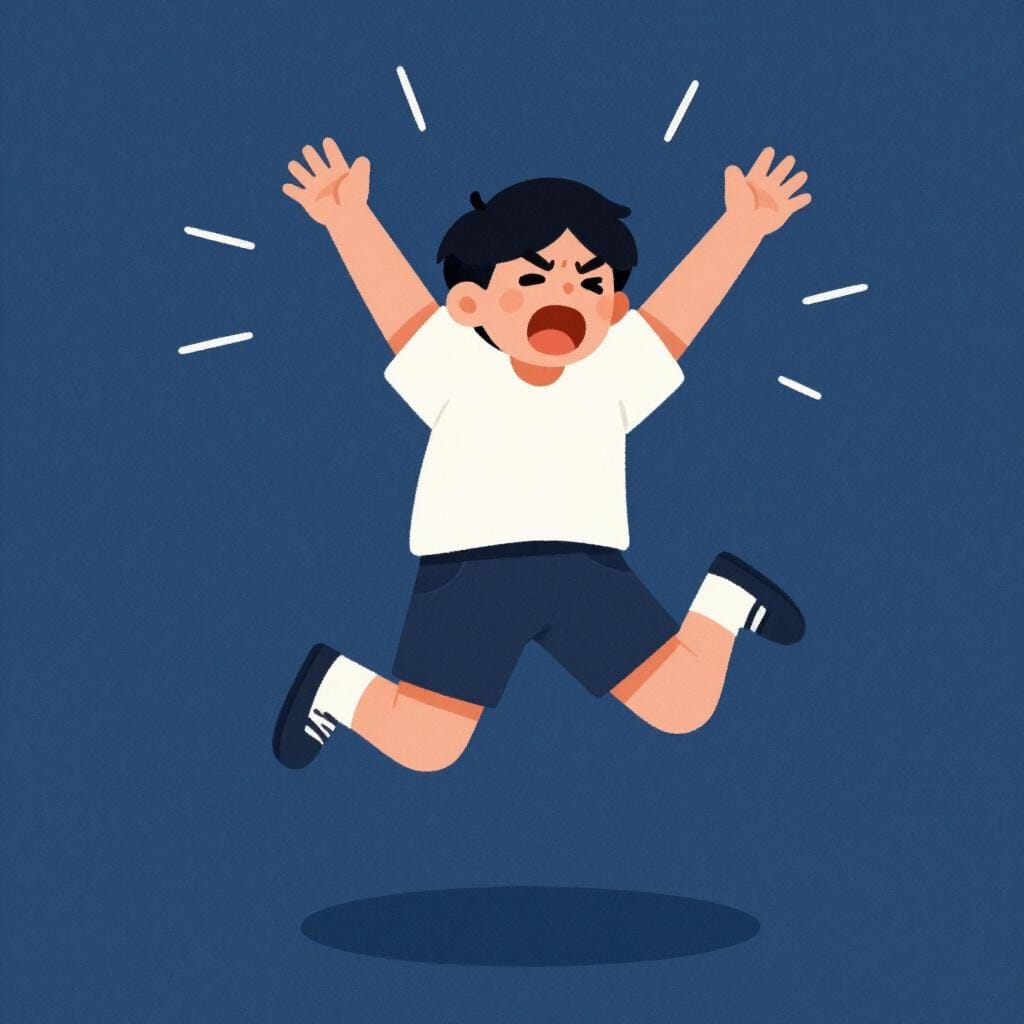 A person jumping and waving their arms in an exaggerated, frantic manner.