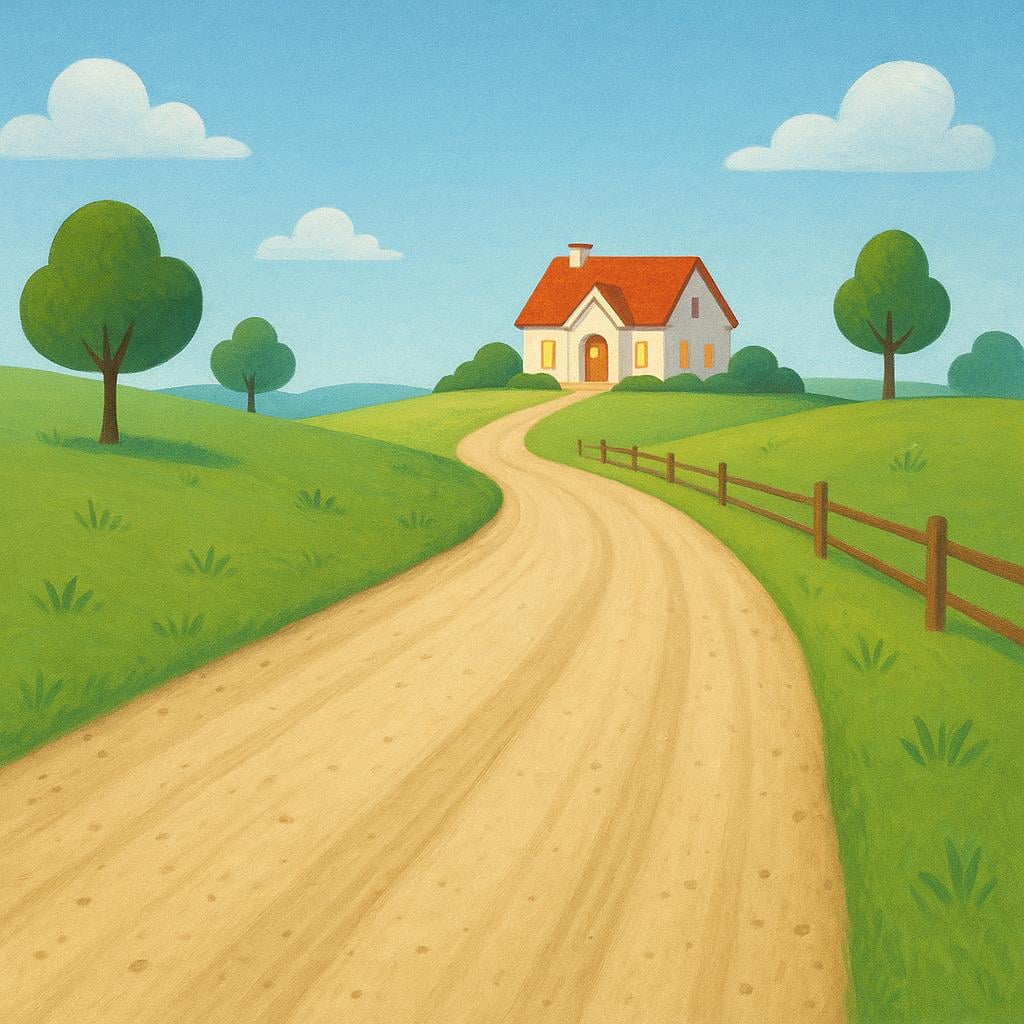 A long, winding road disappearing into the distance, ending at a prominent, bright house on the far horizon.
