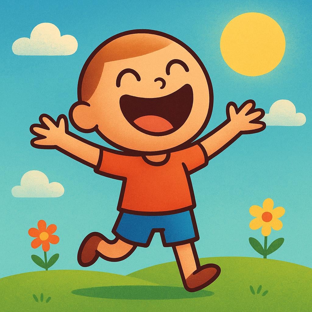 A cartoon figure smiling broadly and raising their arms in a gesture of pure joy and delight, standing on a sunny hill.