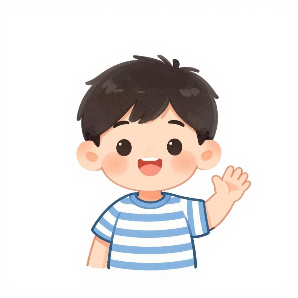 Um menino alegre vestindo uma camisa listrada e shorts, sorrindo e acenando.