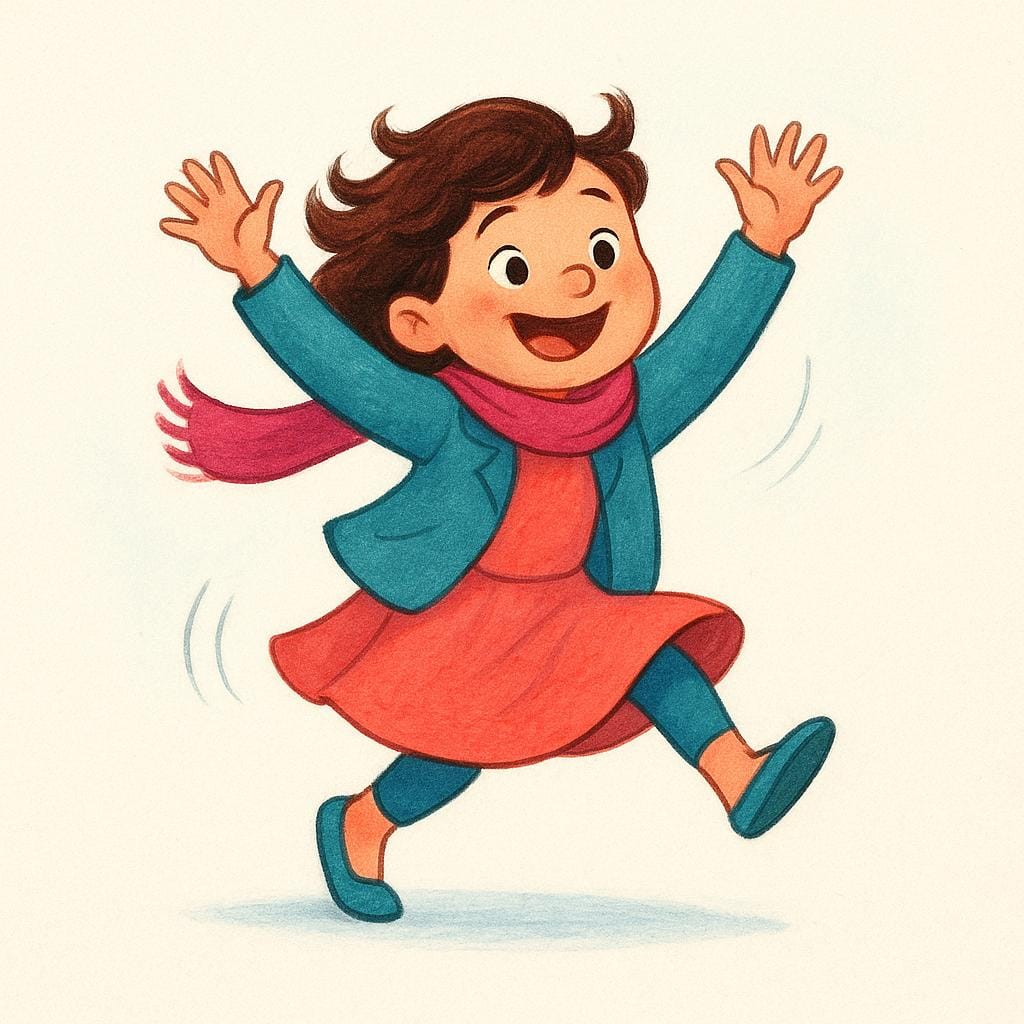 A colorful storybook illustration showing a single figure actively dancing with visible movement and joy, depicting the ongoing action.