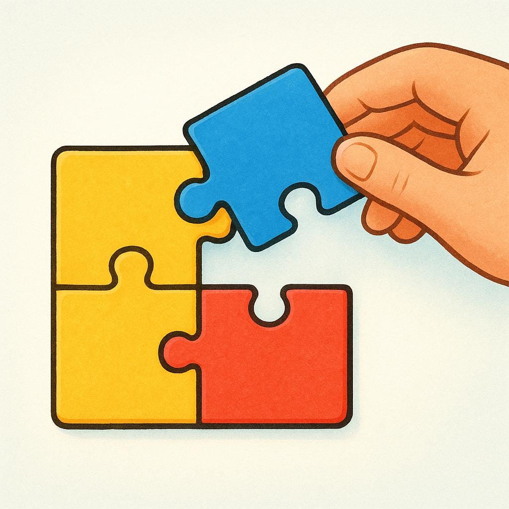 Una mano che posiziona con cura l'ultimo pezzo del puzzle, di colore blu brillante, in un insieme di pezzi connessi, formando una forma quadrata perfetta e intera.