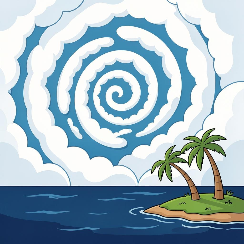 A massive swirling storm cloud over a dark ocean with palm trees bending in the wind.