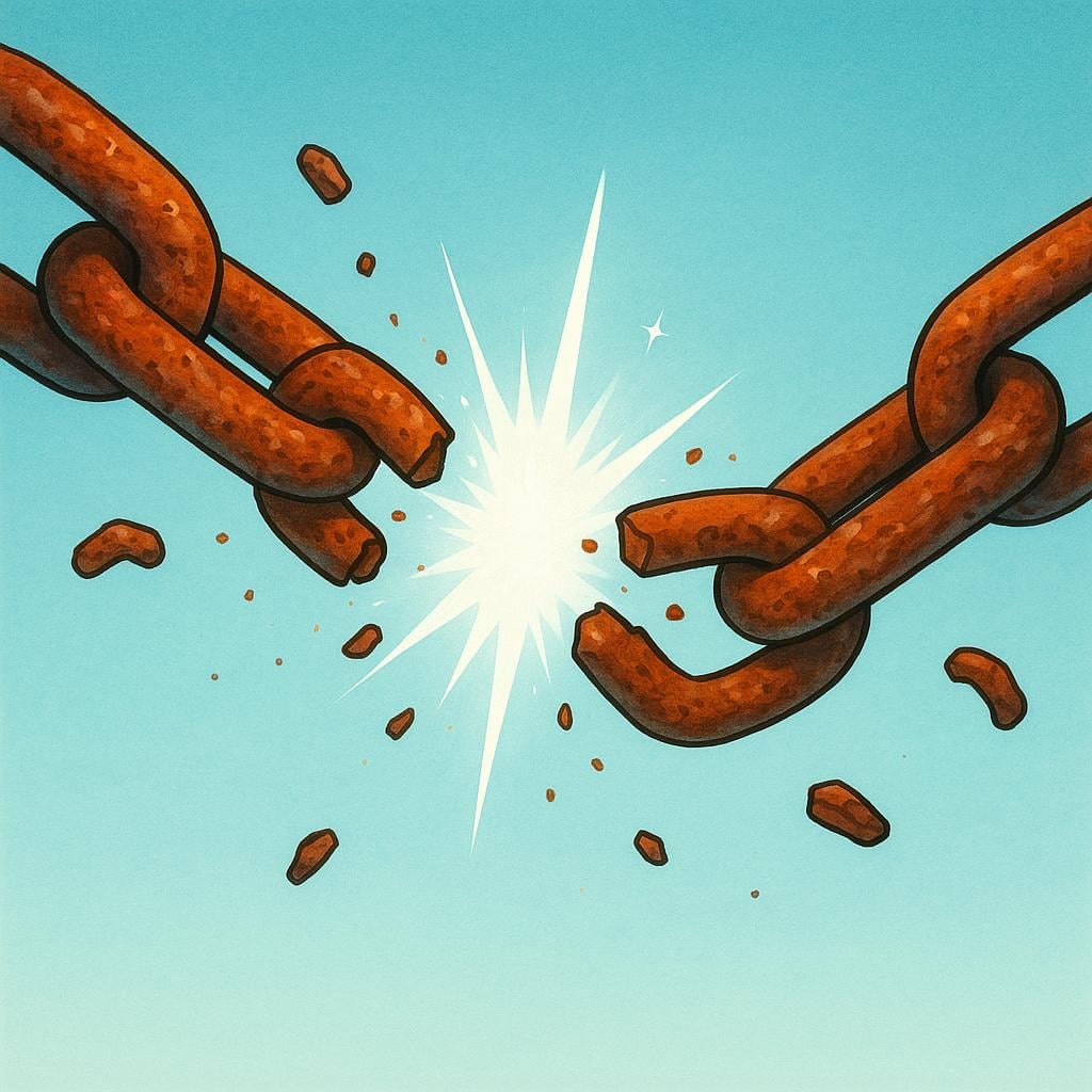 A pair of thick, rusty metal chains breaking apart, symbolizing freedom from political or military oppression.