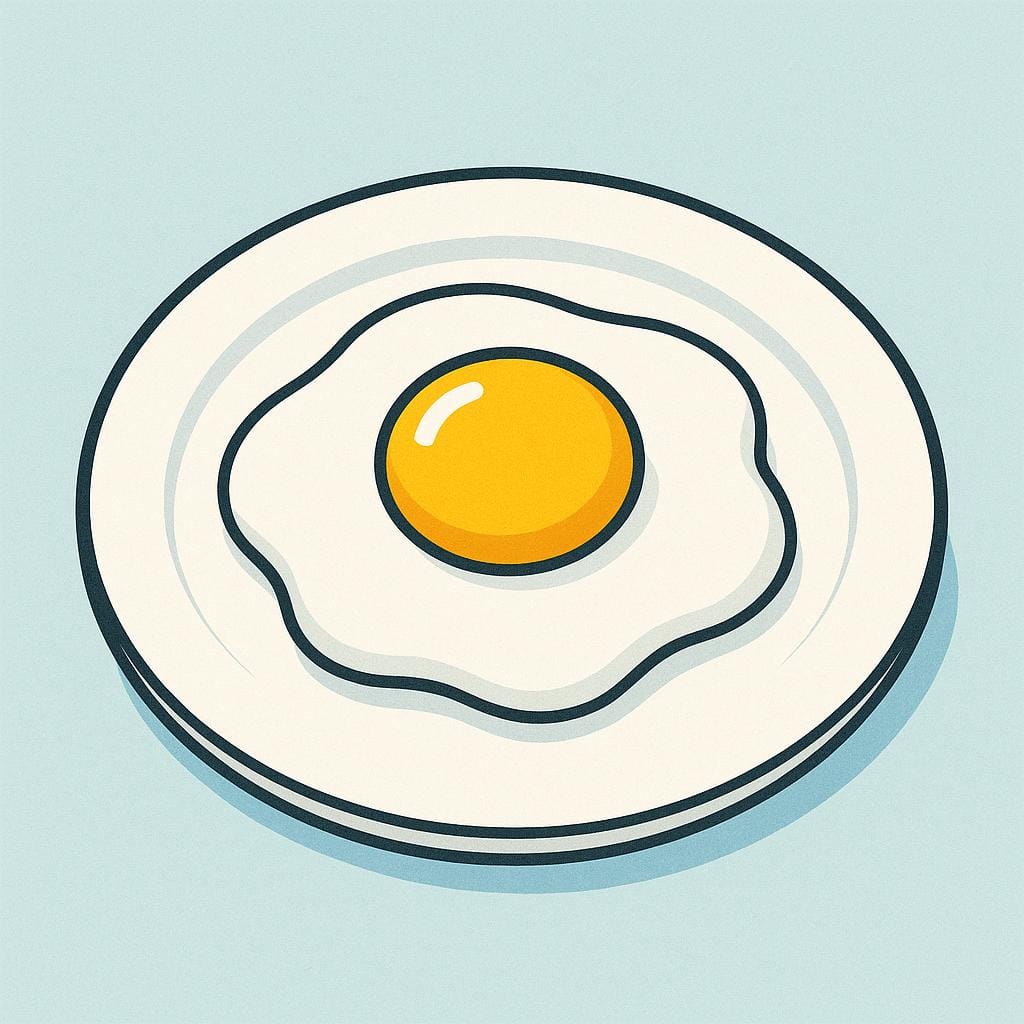 A close-up illustration of a single perfectly cooked fried egg with a bright yellow yolk resting on a plain white plate.