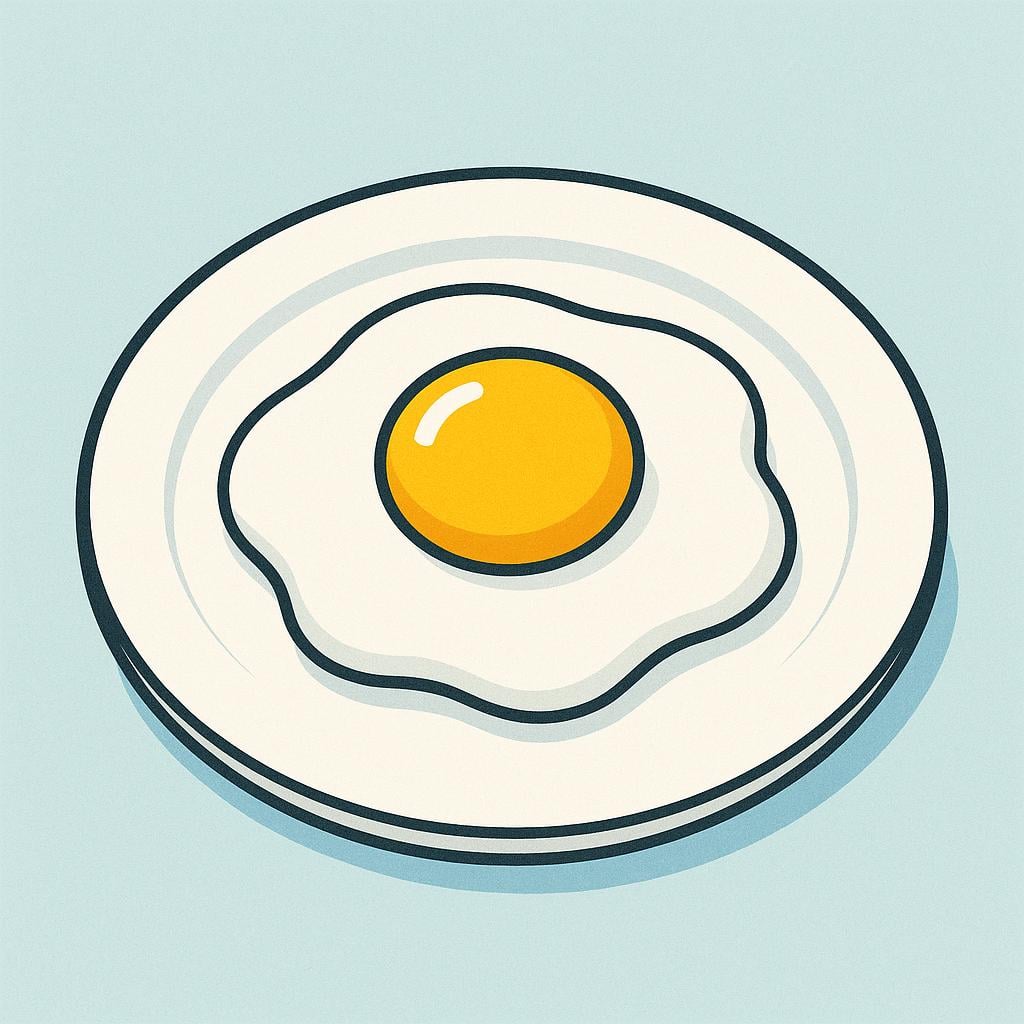 A close-up illustration of a single perfectly cooked fried egg with a bright yellow yolk resting on a plain white plate.