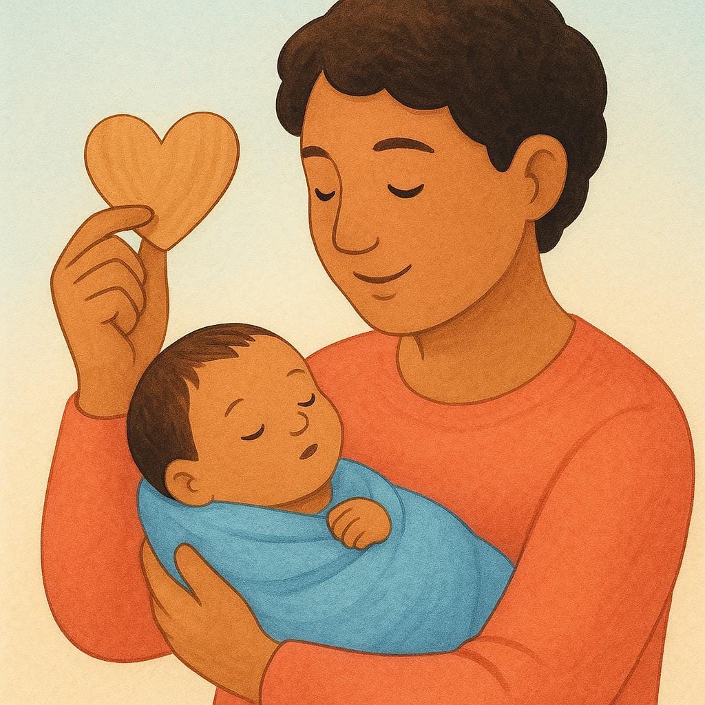 A heartwarming illustration of a parent holding a newborn baby and presenting a plain wooden heart above the baby, symbolizing the act of giving the baby a name.