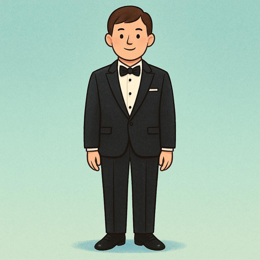 A simplified illustration of a person dressed in a black tuxedo and white shirt with a bow tie, representing formal attire.