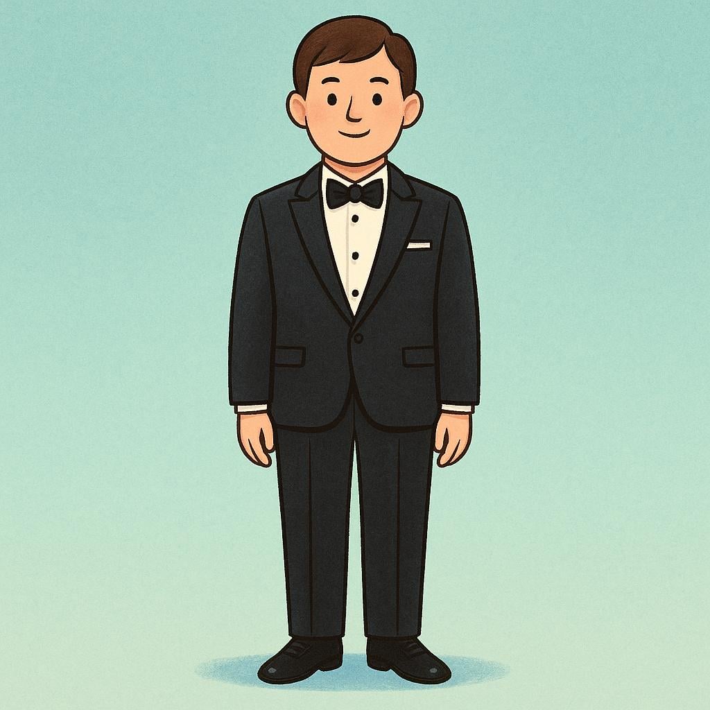 A simplified illustration of a person dressed in a black tuxedo and white shirt with a bow tie, representing formal attire.