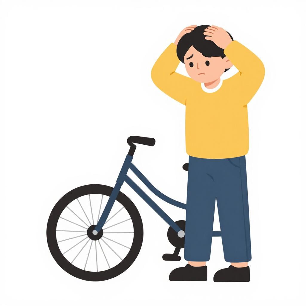 Een gefrustreerd persoon die naar een lekke fietsband kijkt met de handen op het hoofd.