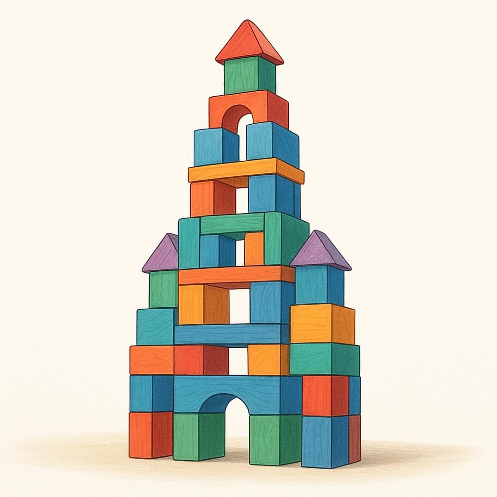 A towering, perfectly stable structure made entirely of colorful, interlocking wooden blocks, showing meticulous planning and design.
