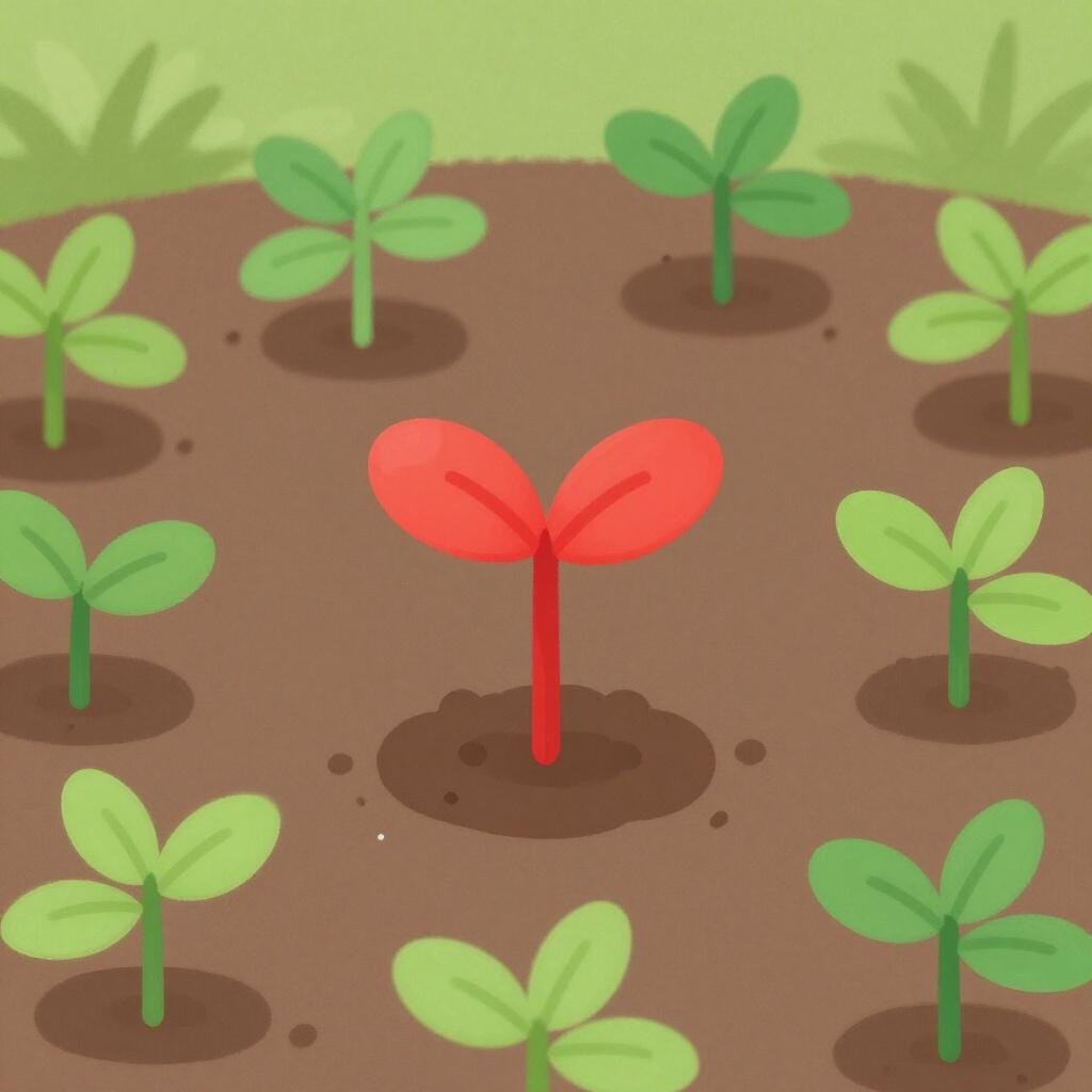 Een enkele felrode zaailing tussen een groep kleine groene planten.