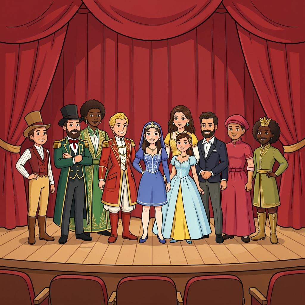 A group of diverse actors standing together on a stage with a red curtain behind them.