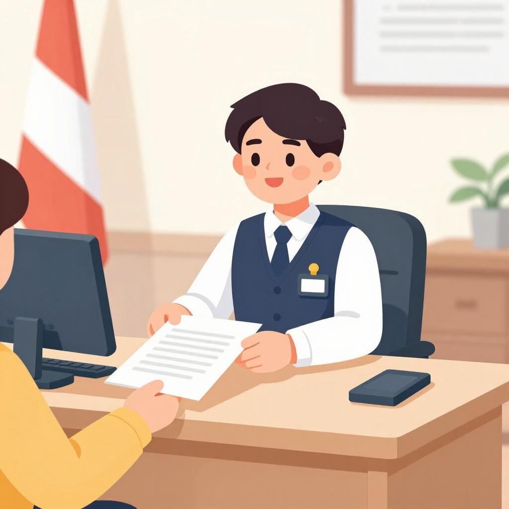 A friendly government employee in a formal vest helping a citizen at a clean wooden desk in a public office.