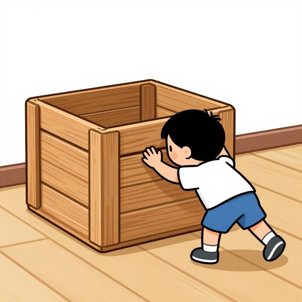 A small child pushing a large, heavy wooden crate across a wooden floor.