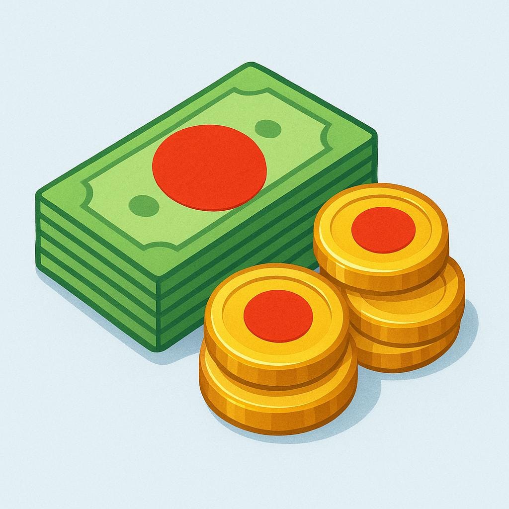 A small pile of currency (bills and coins) sitting on a surface, with a large, prominent red official seal pressed directly onto the top bill, symbolizing a financial penalty.